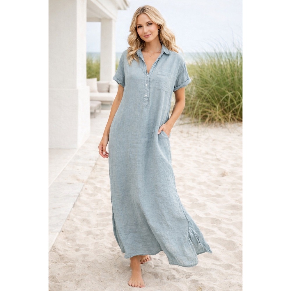 Grayson The Artist Blue Linen Short Sleeve Full Length Maxi Dress Size 02 M